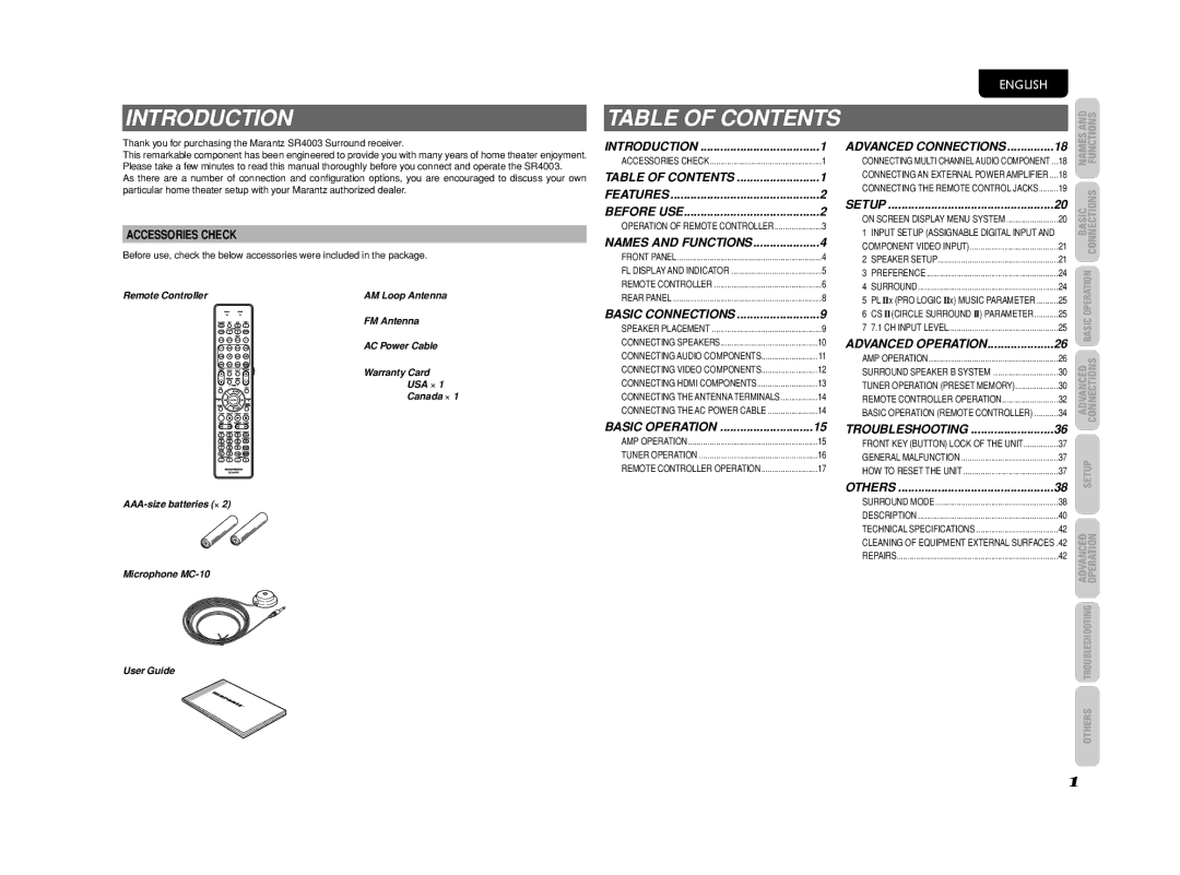 Marantz SR4003 manual Introduction, Table of Contents 