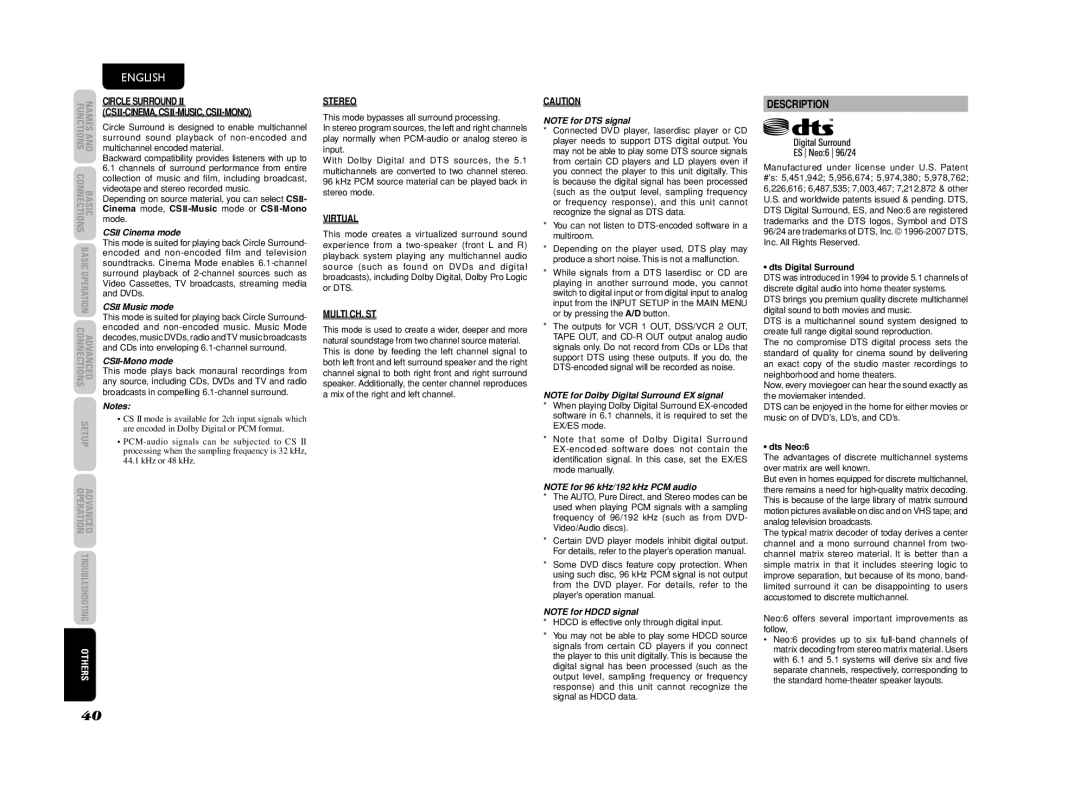 Marantz SR4003 manual Description, Csii-Cinema, Csii-Music, Csii-Mono, Stereo, Virtual, Multi CH. ST 