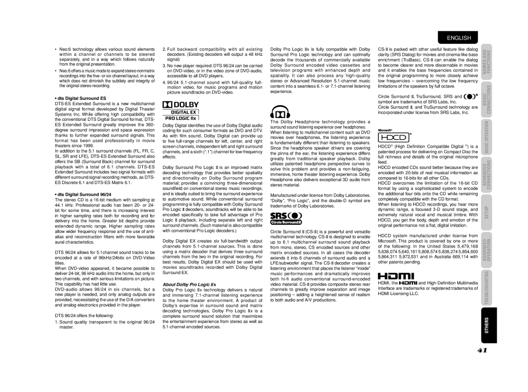 Marantz SR4003 manual Dts Digital Surround ES, Dts Digital Surround 96/24, About Dolby Pro Logic 