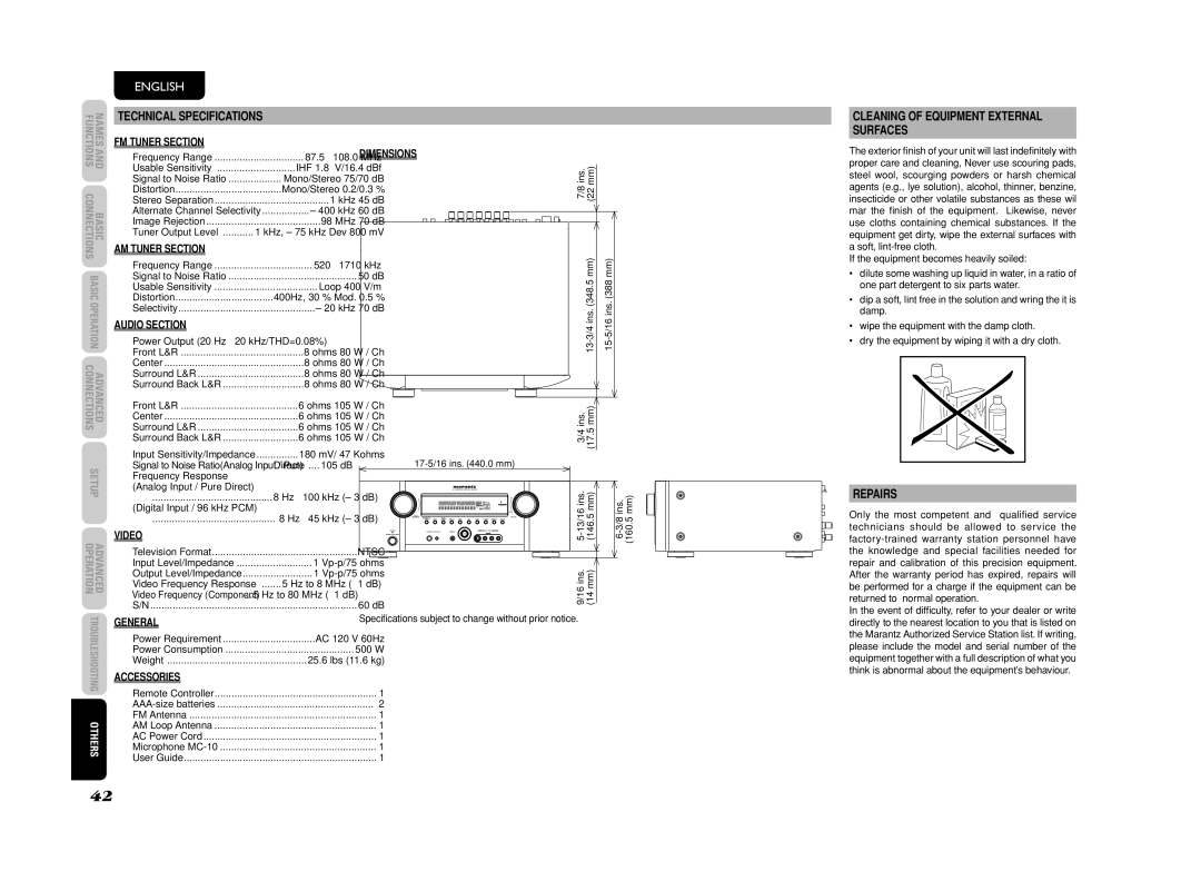 Marantz SR4003 manual Technical Specifications, Cleaning of Equipment External Surfaces, Repairs 