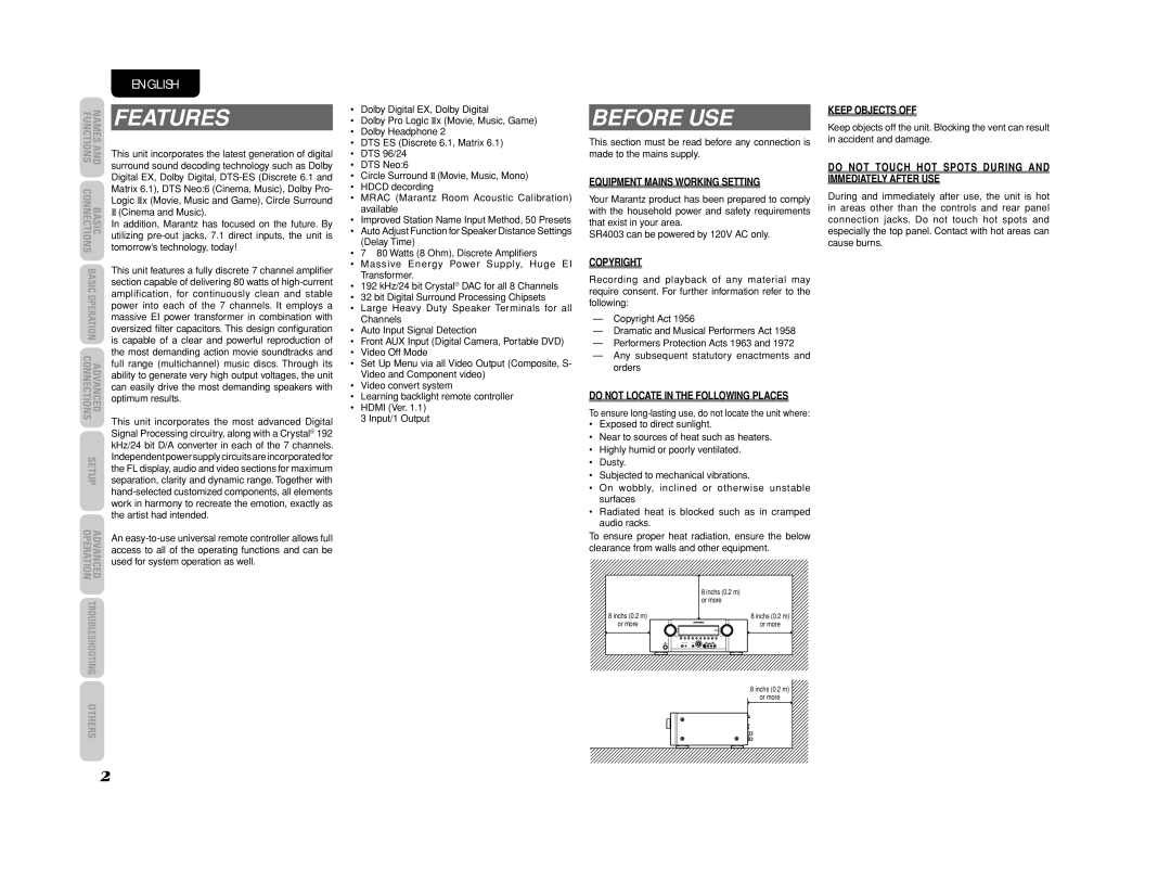 Marantz SR4003 manual Features, Before USE 