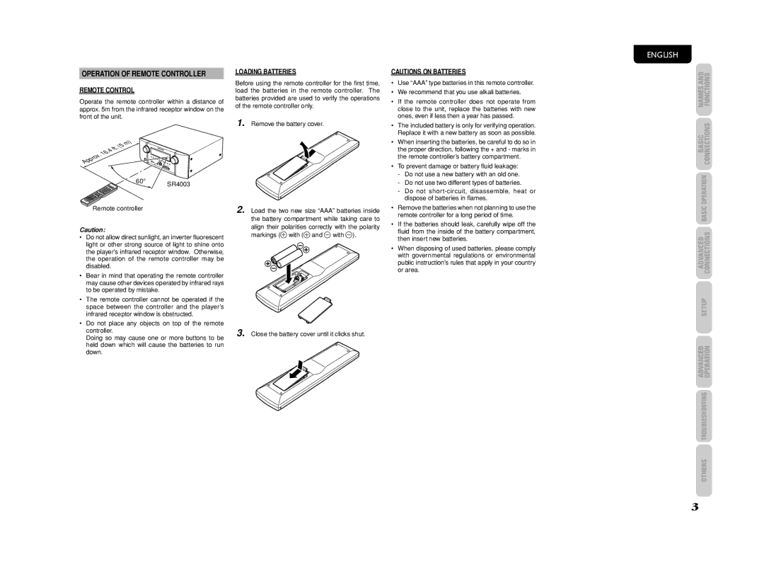 Marantz SR4003 manual Operation of Remote Controller, Loading Batteries 