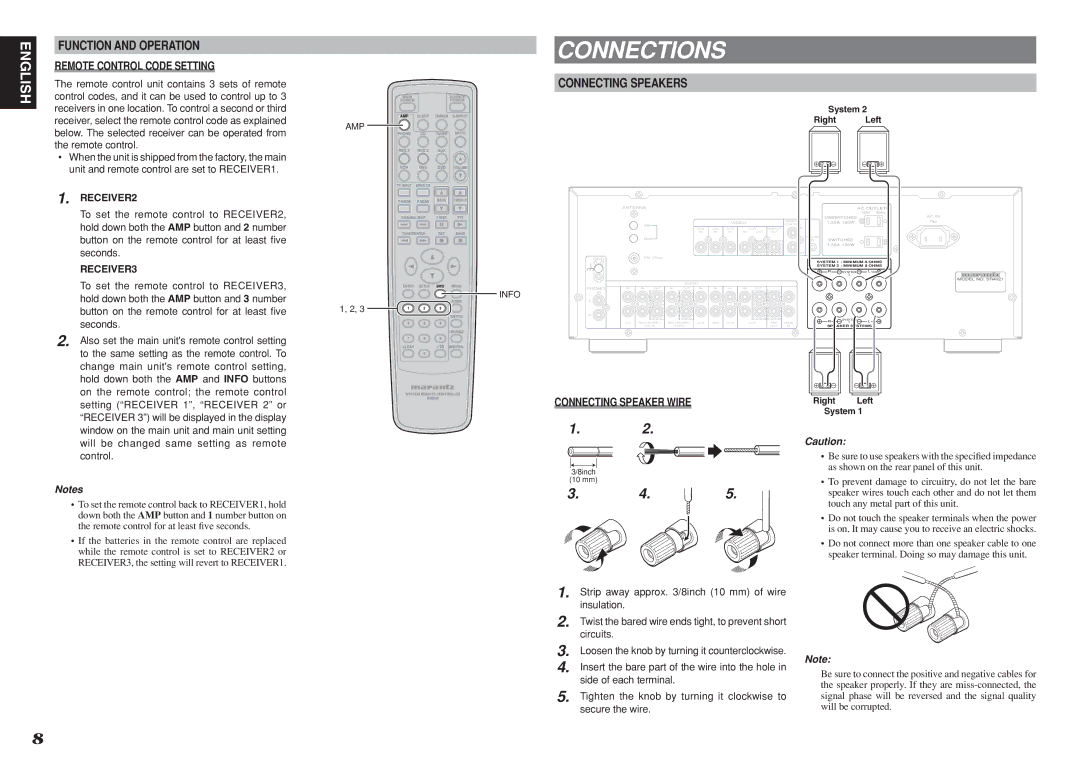 Marantz SR4021 manual Connections, Connecting Speakers, Remote Control Code Setting 