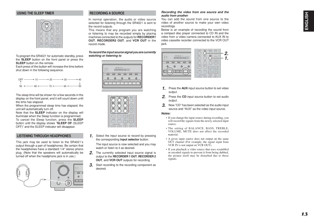 Marantz SR4021 Using the Sleep Timer, Listening Through Headphones, Press the AUX input source button to set video output 