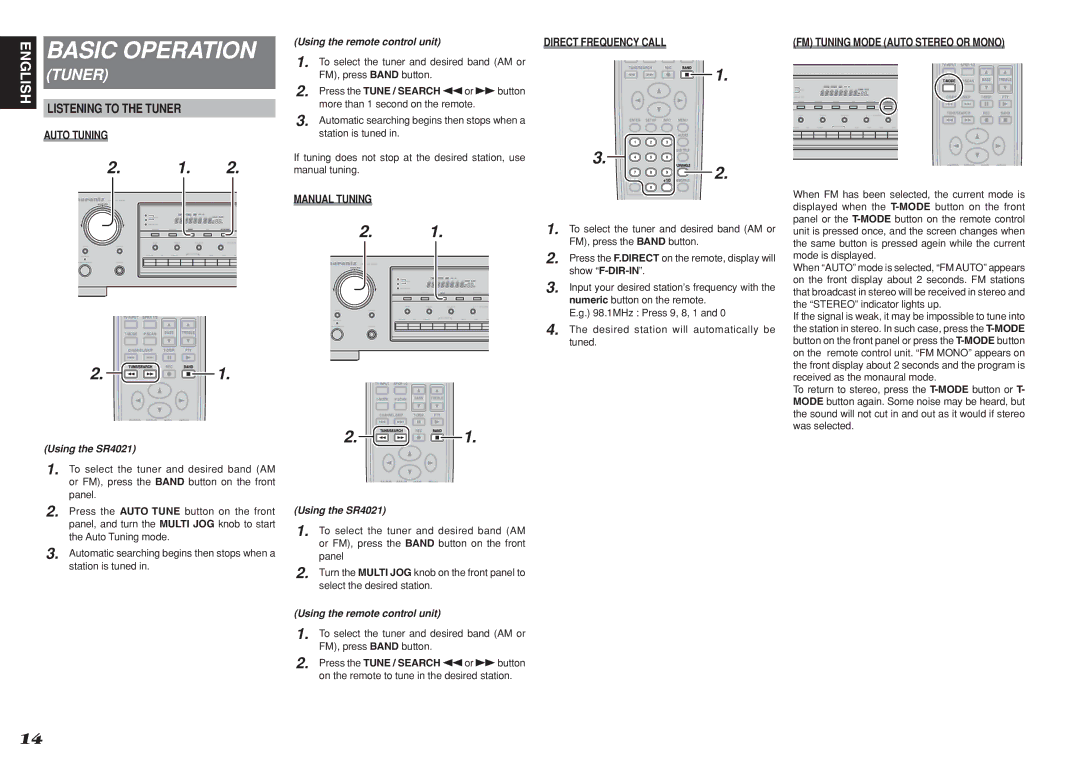 Marantz SR4021 manual Direct Frequency Call, Manual Tuning 