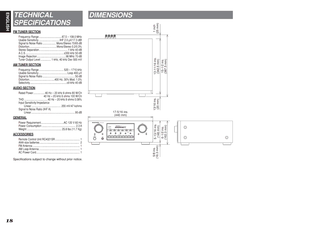 Marantz SR4021 manual Technical Specifications, Dimensions, Audio Section, General, Accessories 