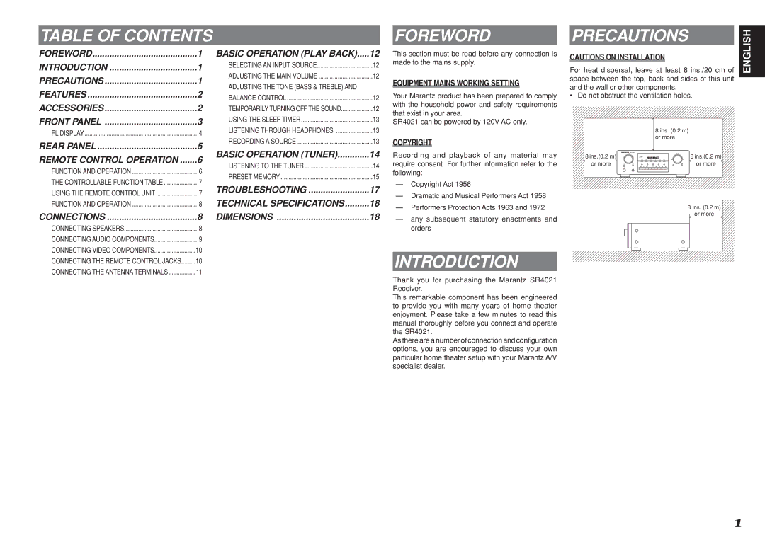 Marantz SR4021 manual Table of Contents Foreword, Introduction 