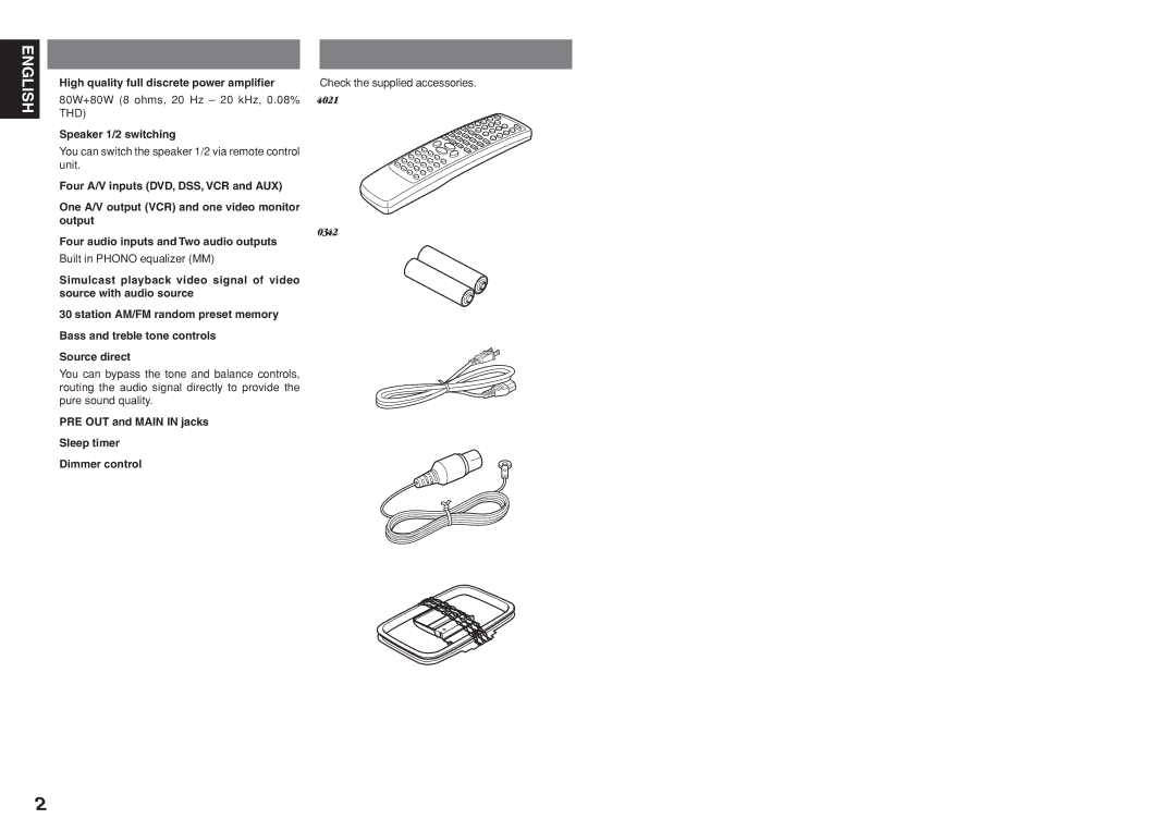 Marantz SR4021 manual Features, Accessories, 80W+80W 8 ohms, 20 Hz 20 kHz, 0.08% THD, Check the supplied accessories 