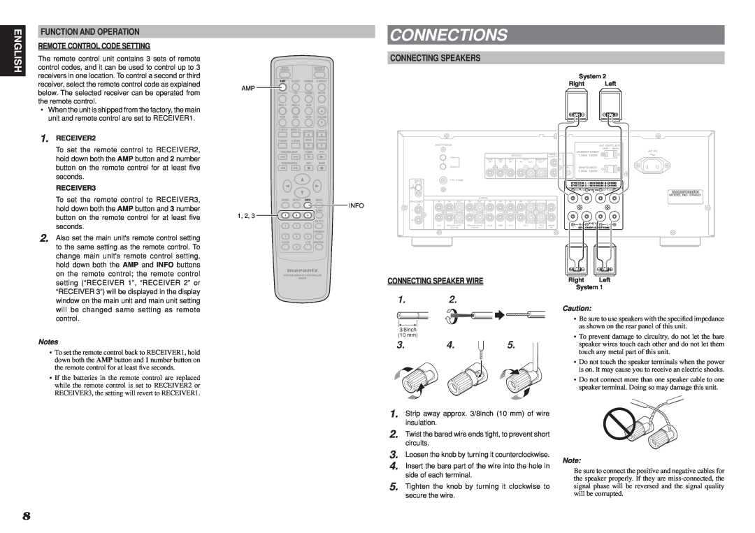 Marantz SR4021 manual Connections, English, Function And Operation, Connecting Speakers, Remote Control Code Setting 