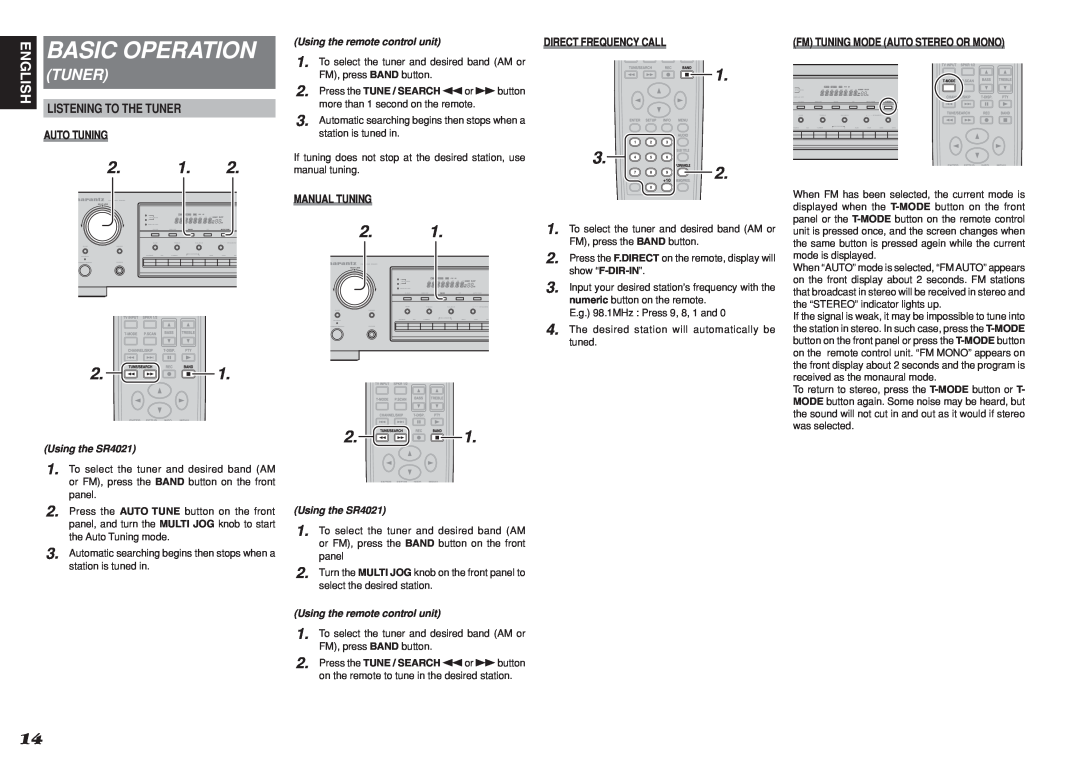 Marantz SR4021 manual Basic Operation, Tuner, Direct Frequency Call, Manual Tuning, Using the remote control unit, English 