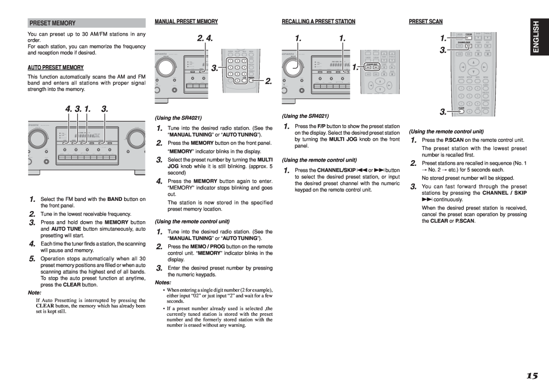 Marantz SR4021 manual English, Manual Preset Memory, Auto Preset Memory, This function automatically scans the AM and FM 