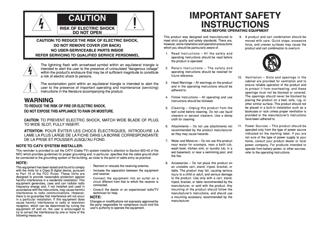 Marantz SR4021 manual Important Safety Instructions, Risk Of Electric Shock Do Not Open 