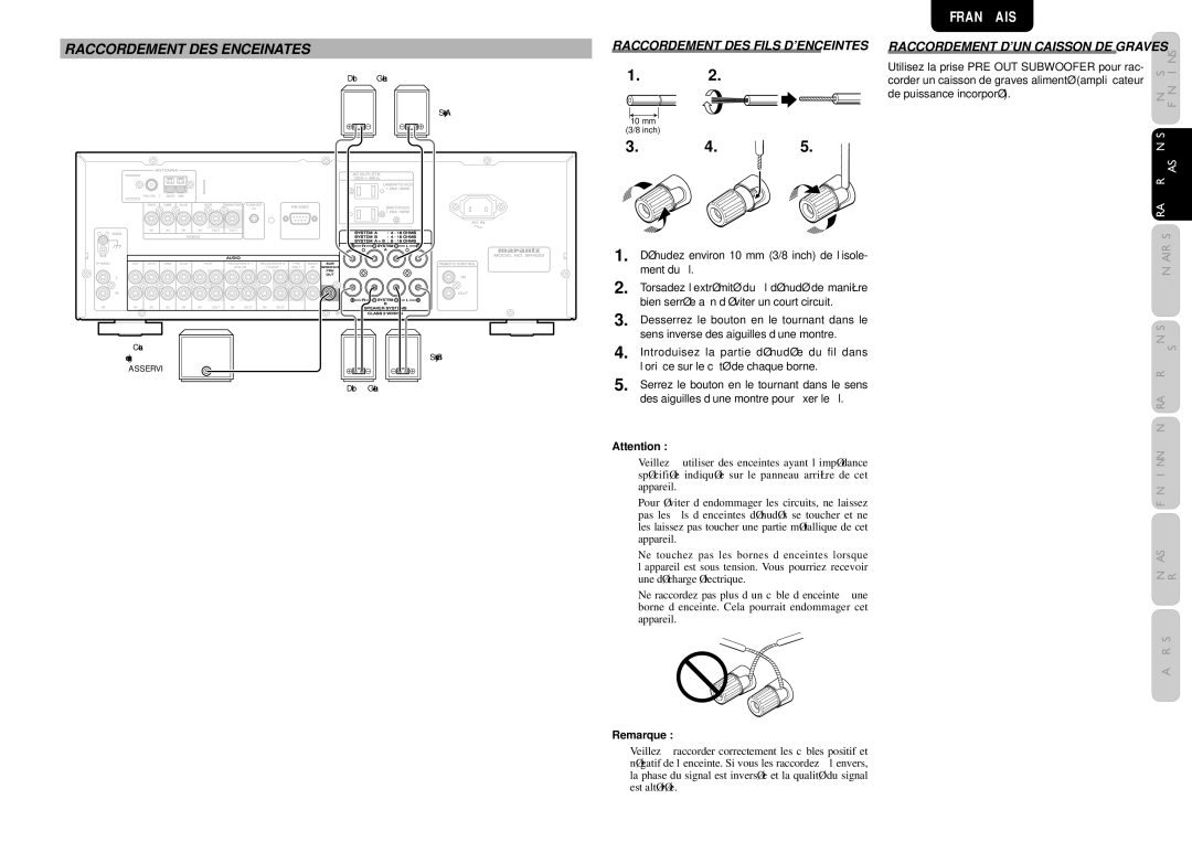 Marantz SR4023 manual Raccordement DES Enceinates, Raccordement DES Fils D’ENCEINTES, Raccordement D’UN Caisson DE Graves 