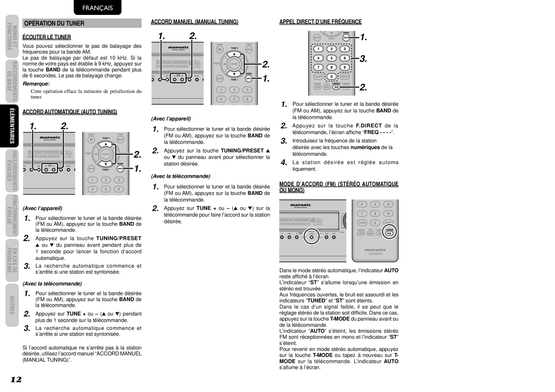 Marantz SR4023 manual Opération DU Tuner, Écouter LE Tuner, Accord Manuel Manual Tuning, Appel Direct D’UNE Fréquence 