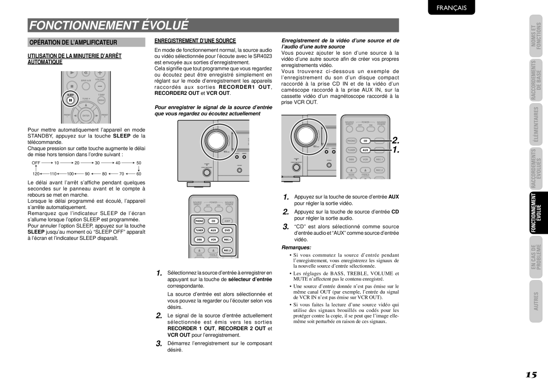 Marantz SR4023 manual Fonctionnement Évolué, Utilisation DE LA Minuterie D’ARRÊT Automatique, Enregistrement D’UNE Source 