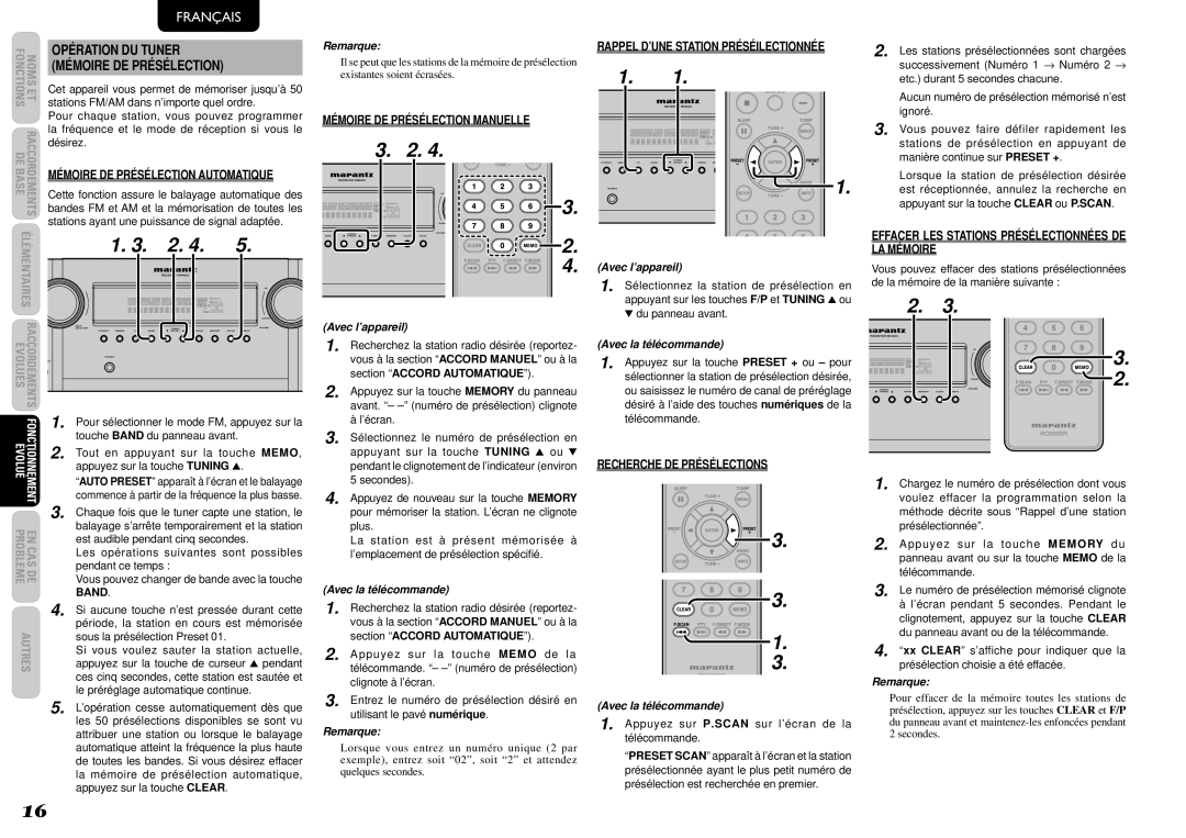 Marantz SR4023 Opération DU Tuner Mémoire DE Présélection, Mémoire DE Présélection Automatique, Recherche DE Présélections 