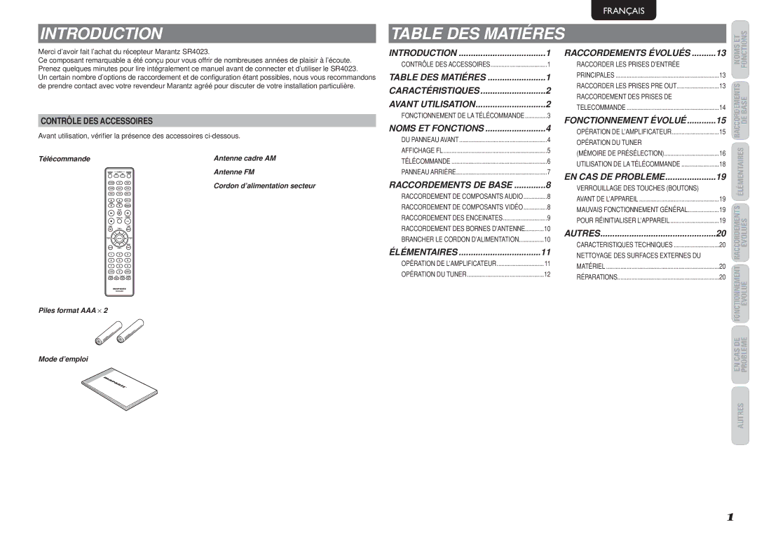 Marantz SR4023 manual Introduction, Table DES Matiéres, Contrôle DES Accessoires, Télécommande Antenne cadre AM Antenne FM 