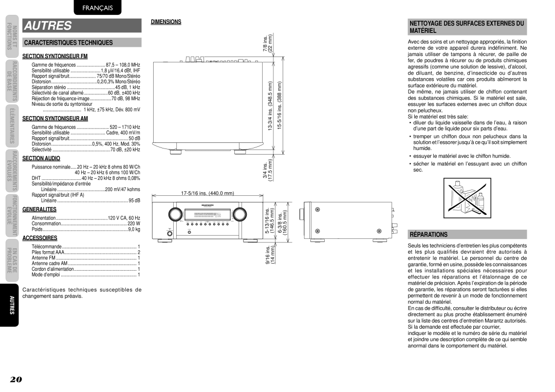 Marantz SR4023 manual Autres, Nettoyage DES Surfaces Externes DU Matériel, Réparations 