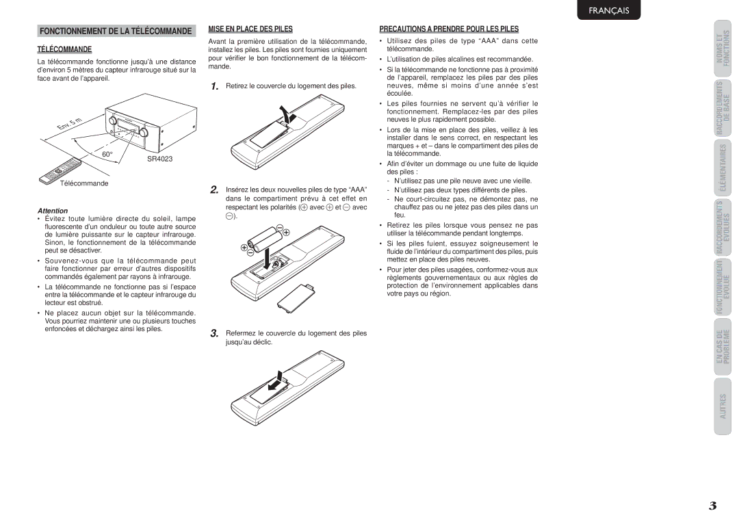 Marantz SR4023 manual Fonctionnement DE LA Télécommande, Mise EN Place DES Piles, Precautions a Prendre Pour LES Piles 