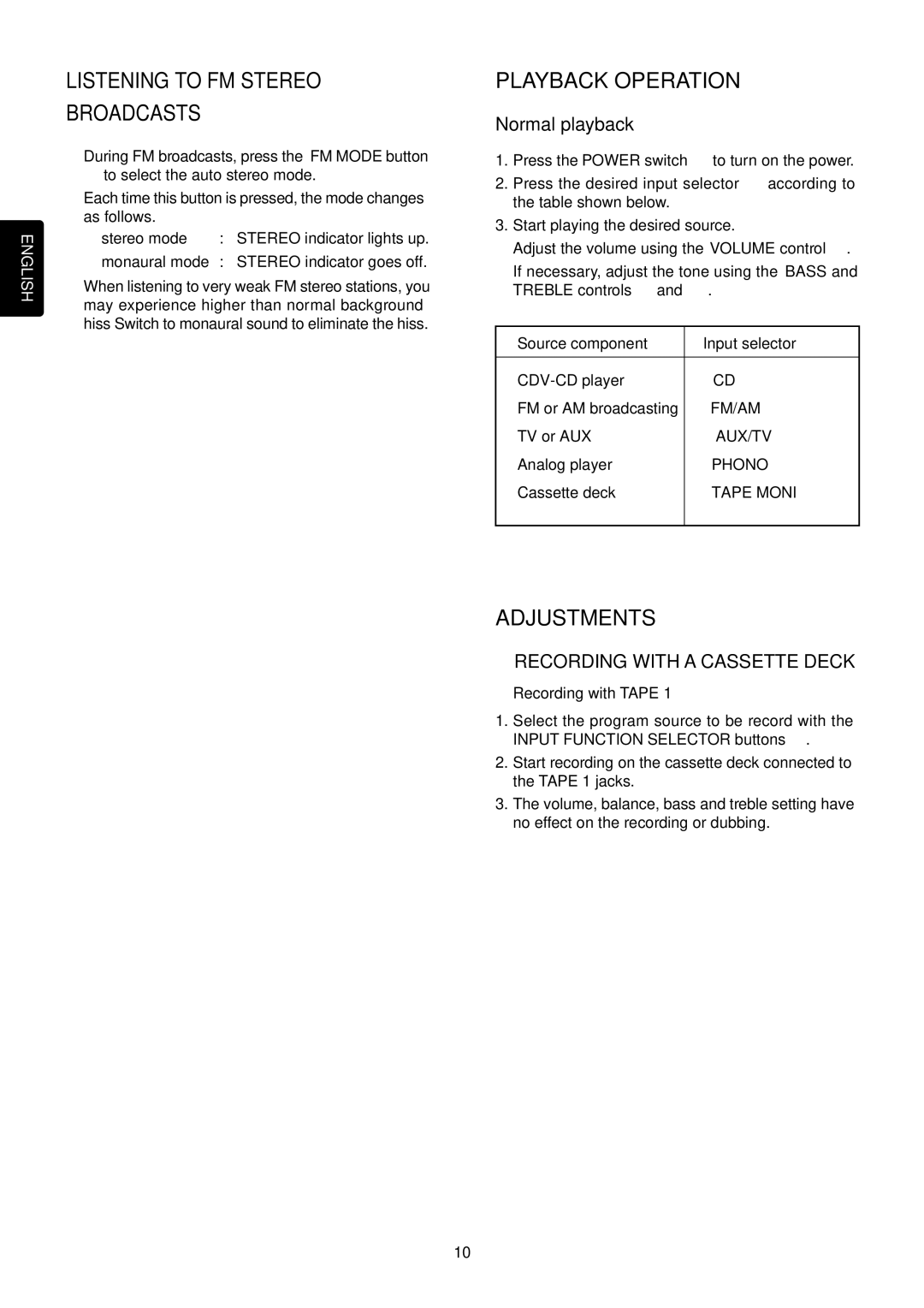 Marantz SR4120 manual Listening to FM Stereo Broadcasts, Playback Operation, Adjustments, Normal playback 