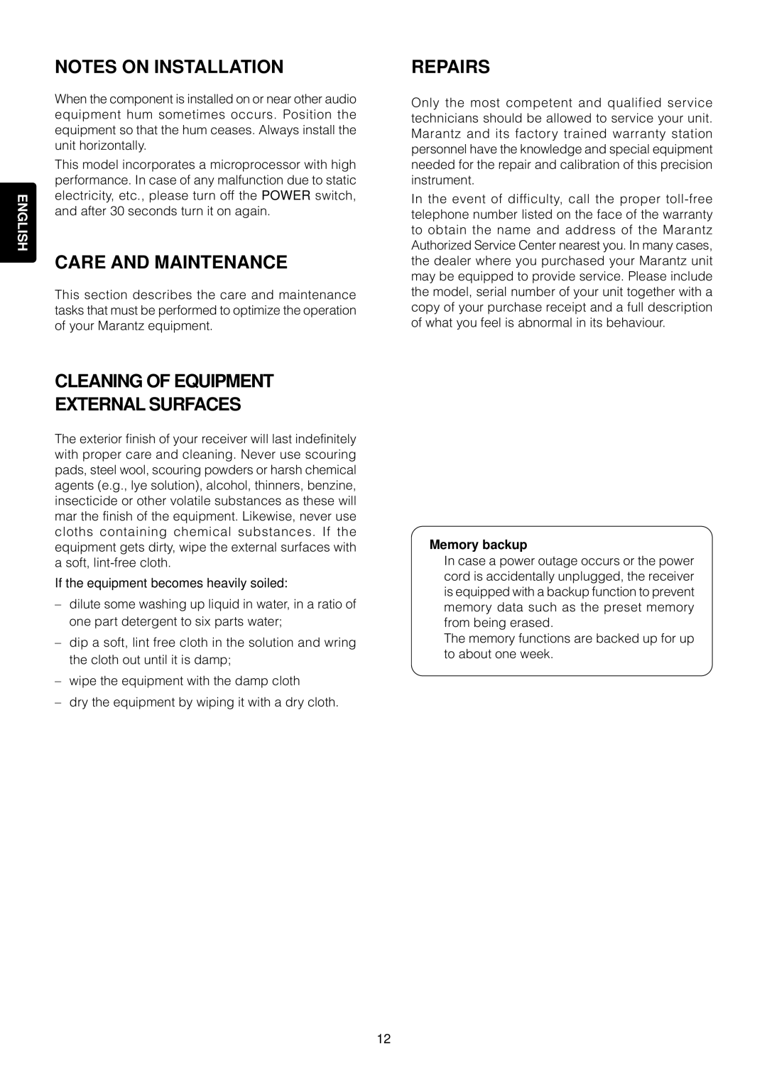 Marantz SR4120 manual Care and Maintenance, Repairs, Cleaning of Equipment External Surfaces, Memory backup 