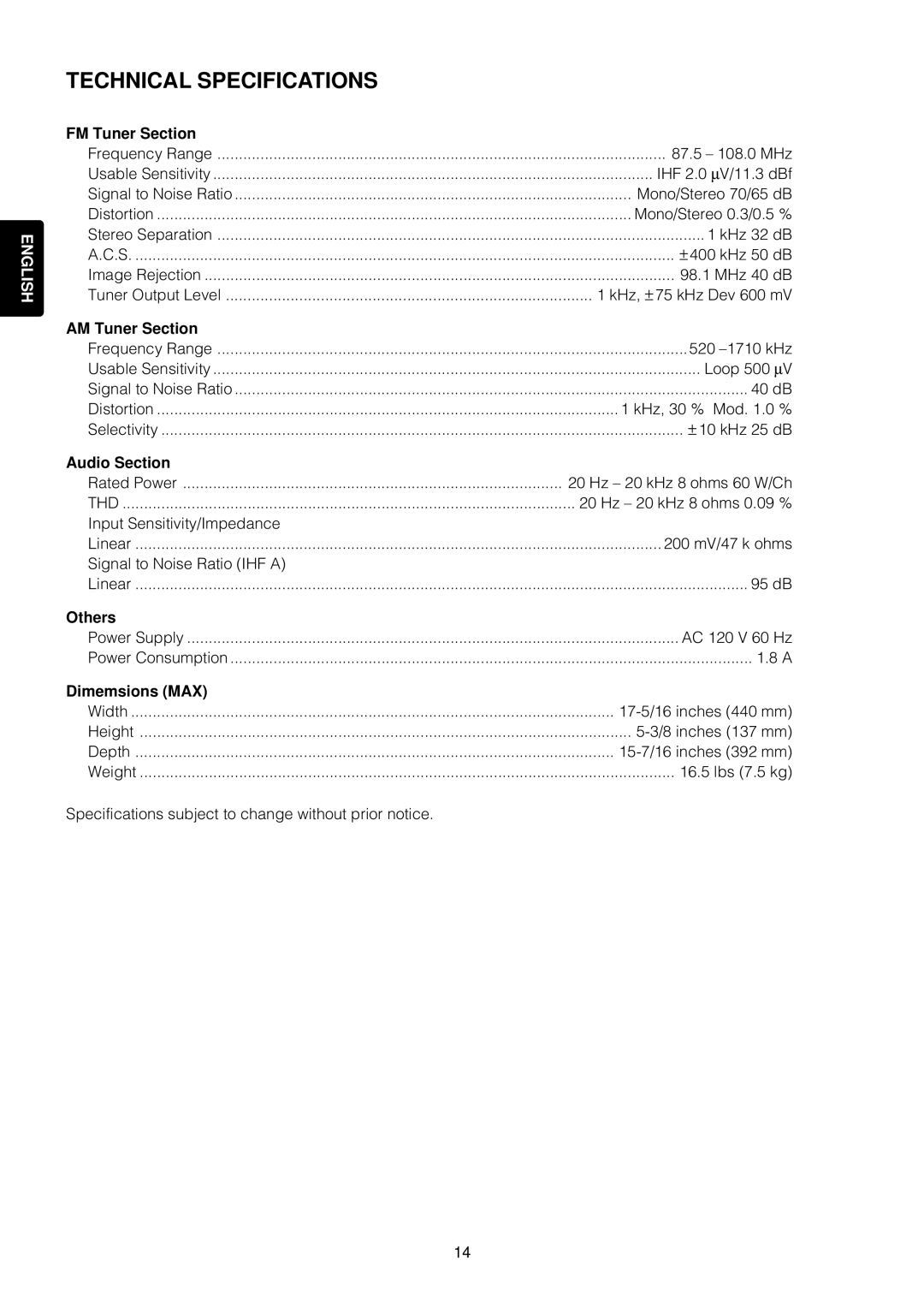 Marantz SR4120 manual Technical Specifications 