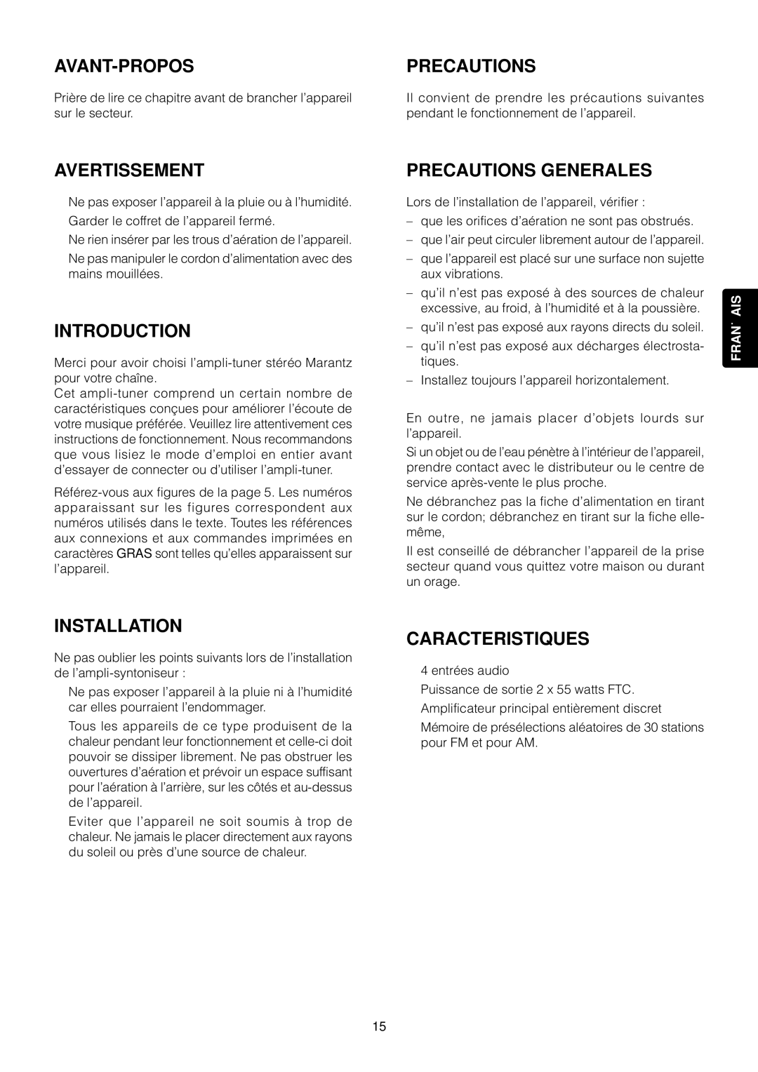 Marantz SR4120 manual Avant-Propos, Avertissement, Precautions Generales, Caracteristiques 