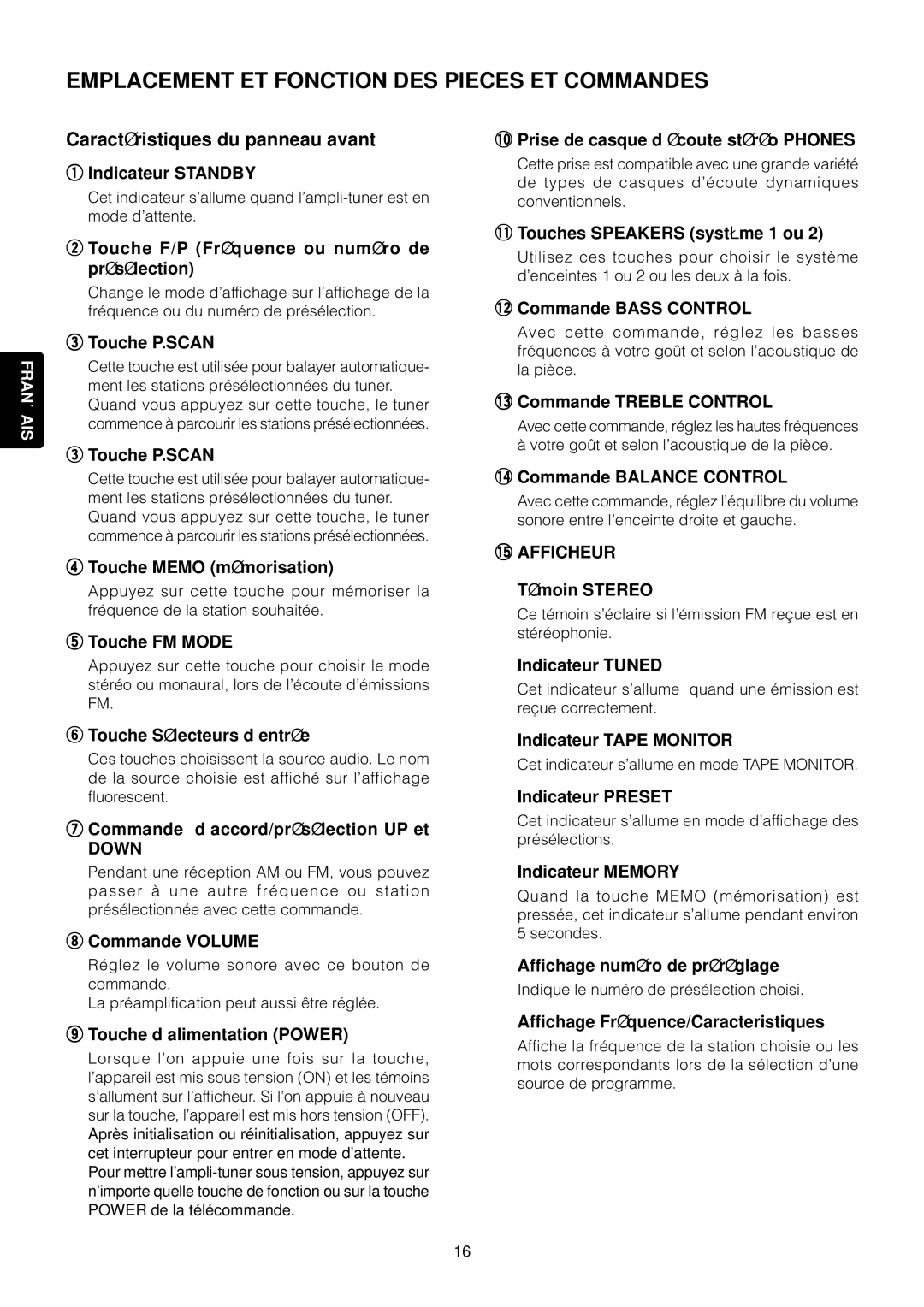 Marantz SR4120 manual Emplacement ET Fonction DES Pieces ET Commandes, Caracté ristiques du panneau avant 