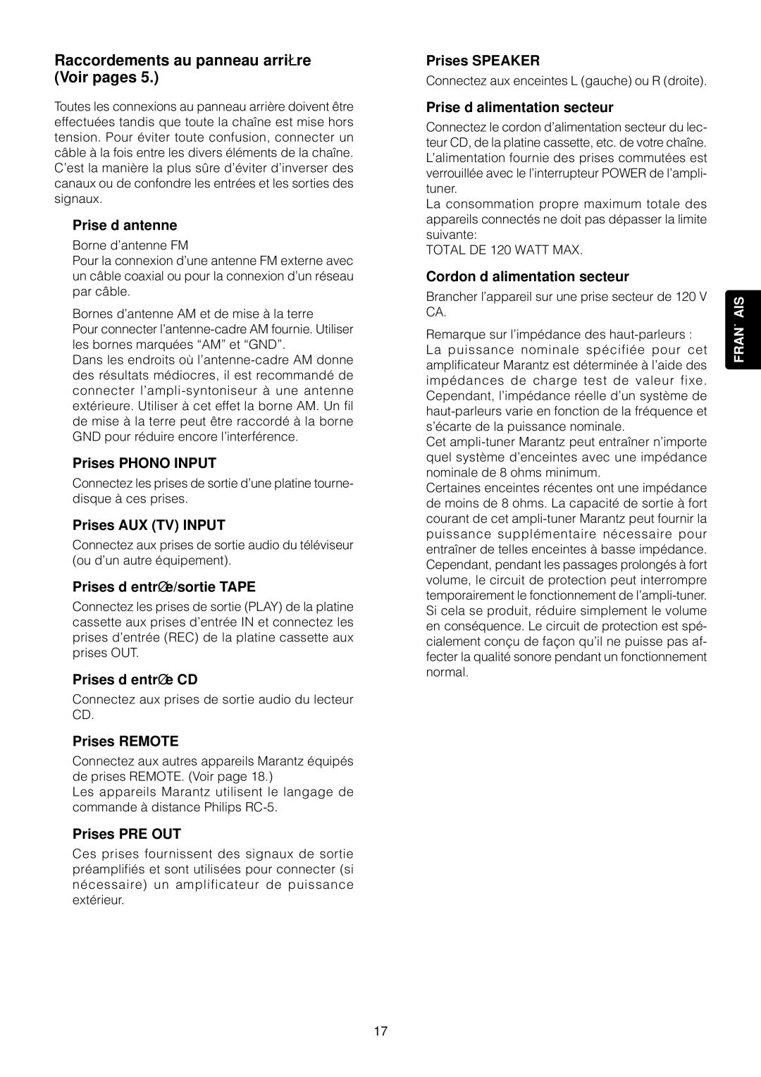 Marantz SR4120 manual Raccordements au panneau arriè re Voir pages 