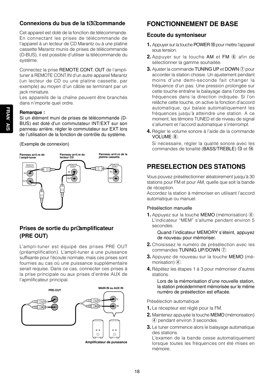 Marantz SR4120 manual Fonctionnement DE Base, Preselection DES Stations, Connexions du bus de la té lé commande 