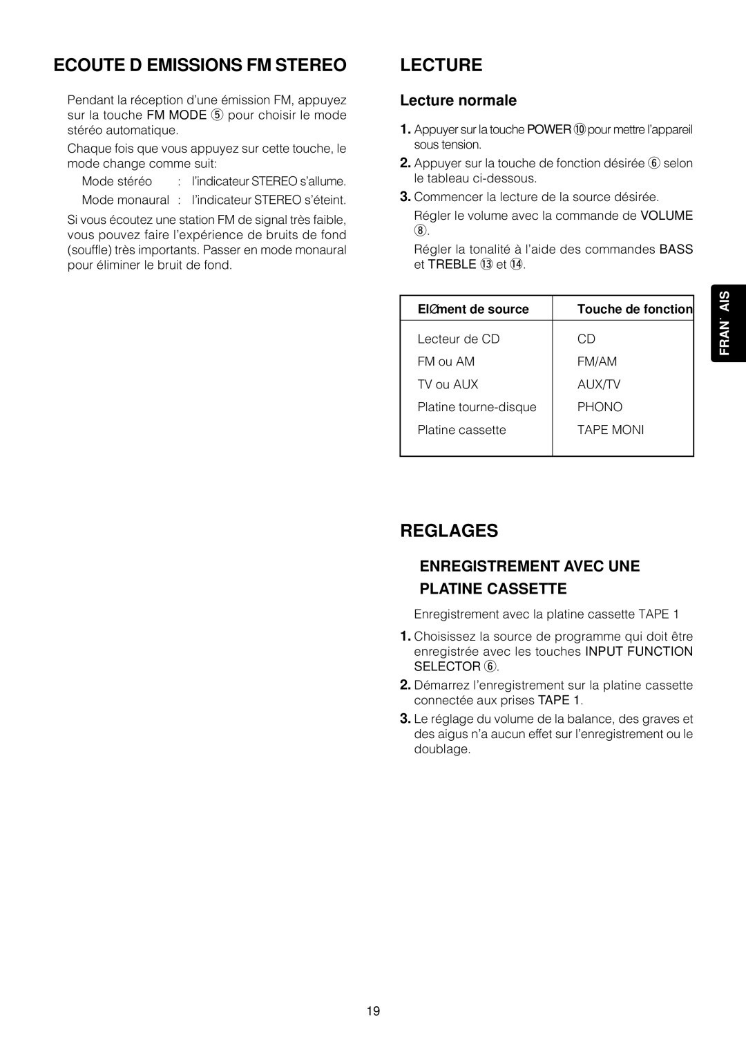 Marantz SR4120 manual Ecoute D’EMISSIONS FM Stereo, Reglages, Lecture normale, Elé ment de source Touche de fonction 