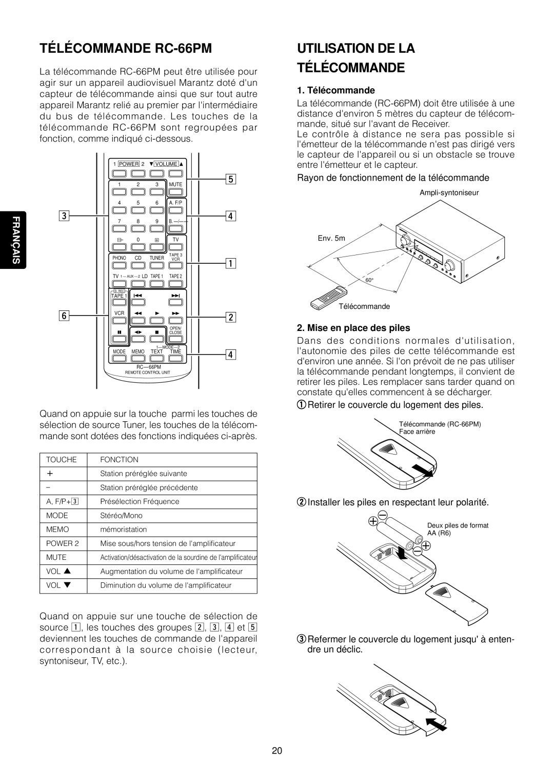 Marantz SR4120 manual TÉ LÉ Commande RC-66PM, Utilisation DE LA TÉ LÉ Commande, Té lé commande, Mise en place des piles 