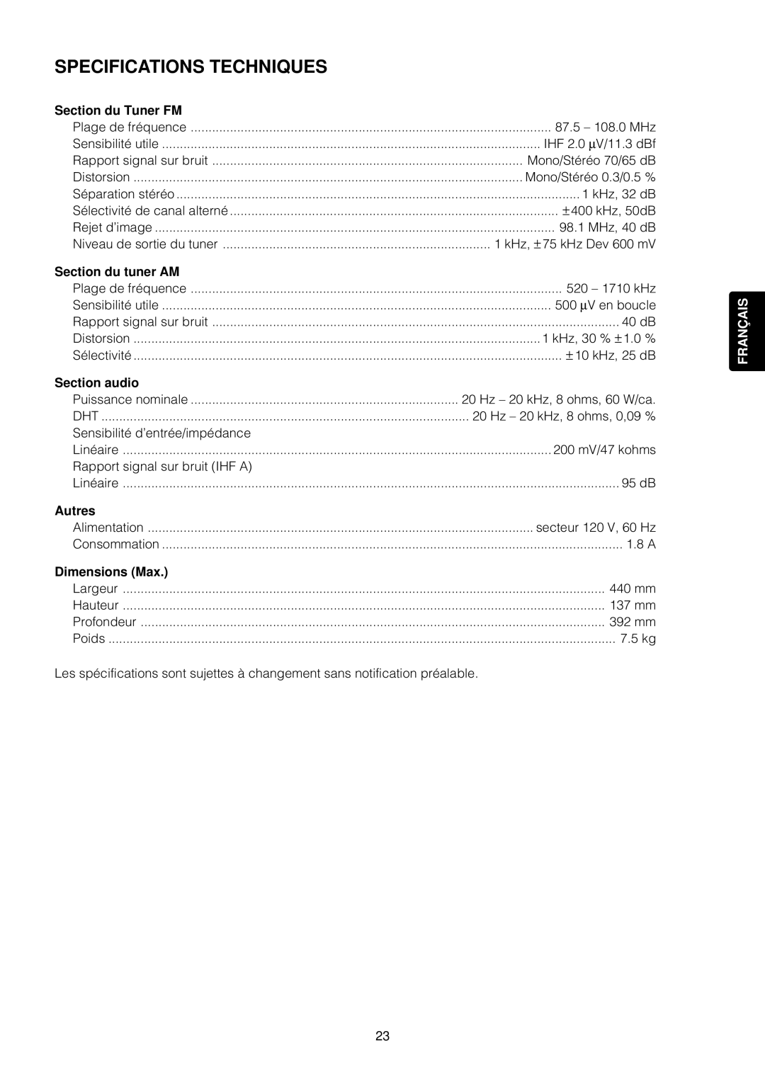 Marantz SR4120 manual Specifications Techniques 