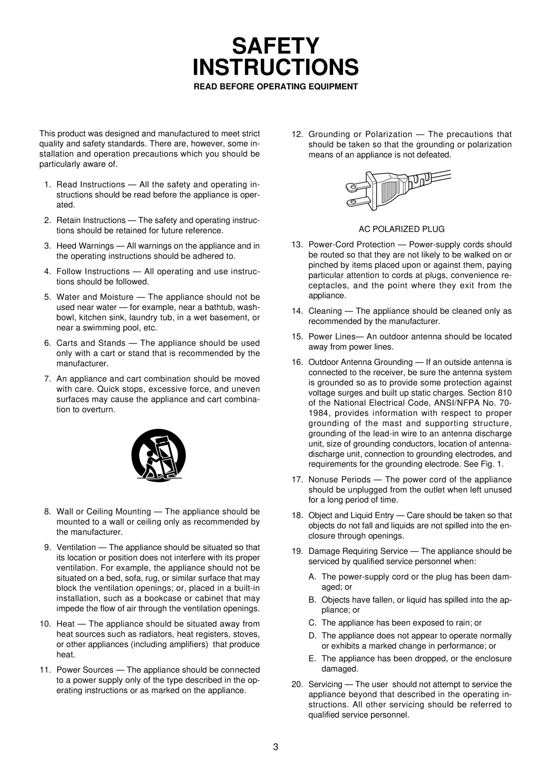 Marantz SR4120 manual Safety Instructions 