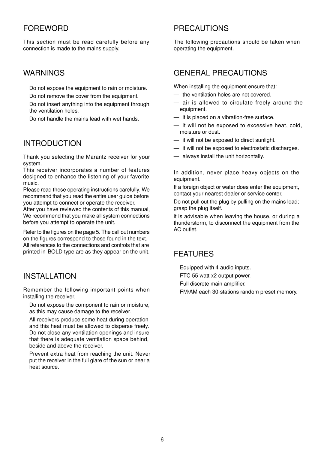 Marantz SR4120 manual Foreword, Introduction, Installation, General Precautions, Features 