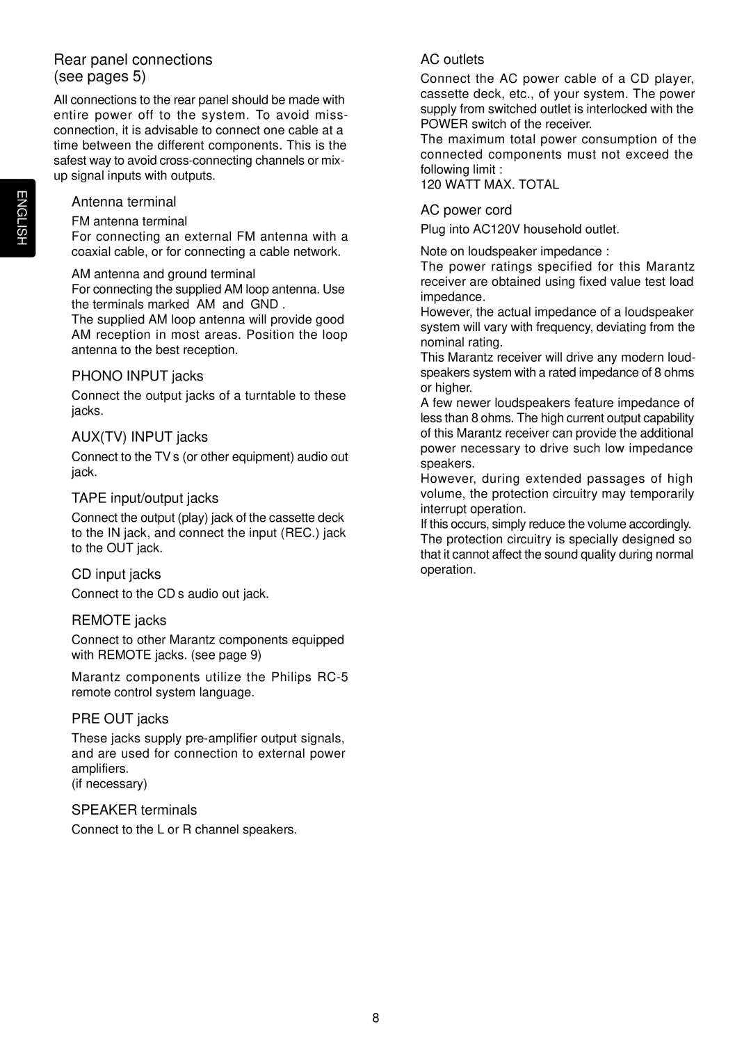 Marantz SR4120 manual Rear panel connections see pages 