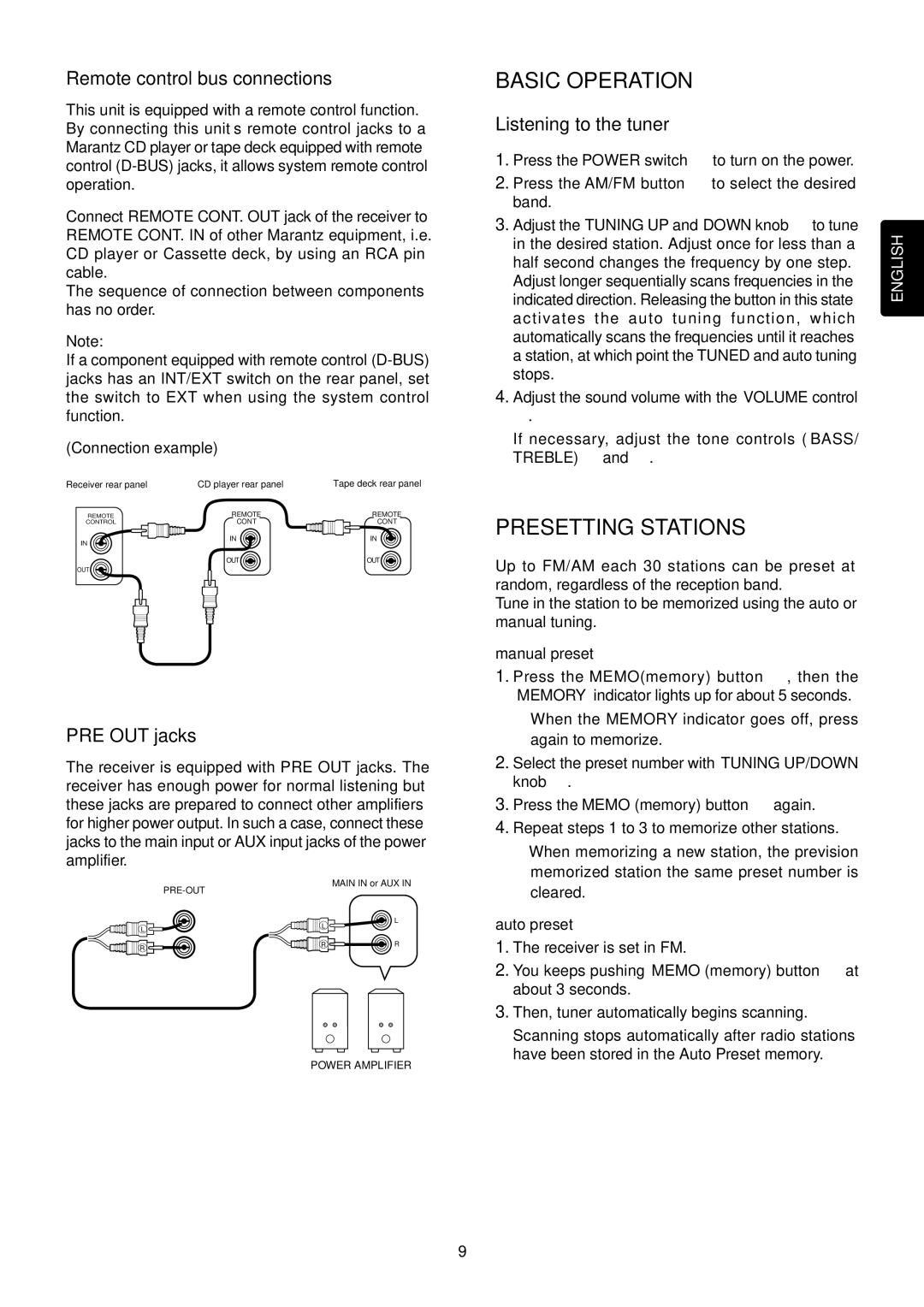 Marantz SR4120 Basic Operation, Presetting Stations, Remote control bus connections, PRE OUT jacks, Listening to the tuner 