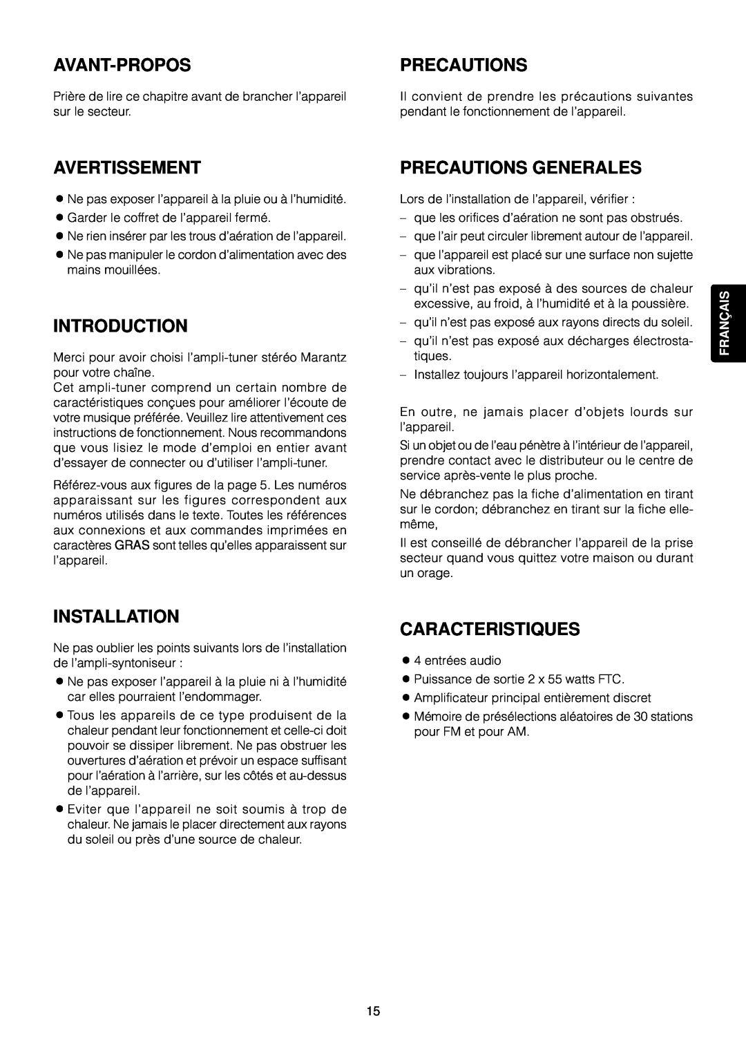 Marantz SR4120 Avant-Propos, Avertissement, Precautions Generales, Caracteristiques, Introduction, Installation, Franç Ais 