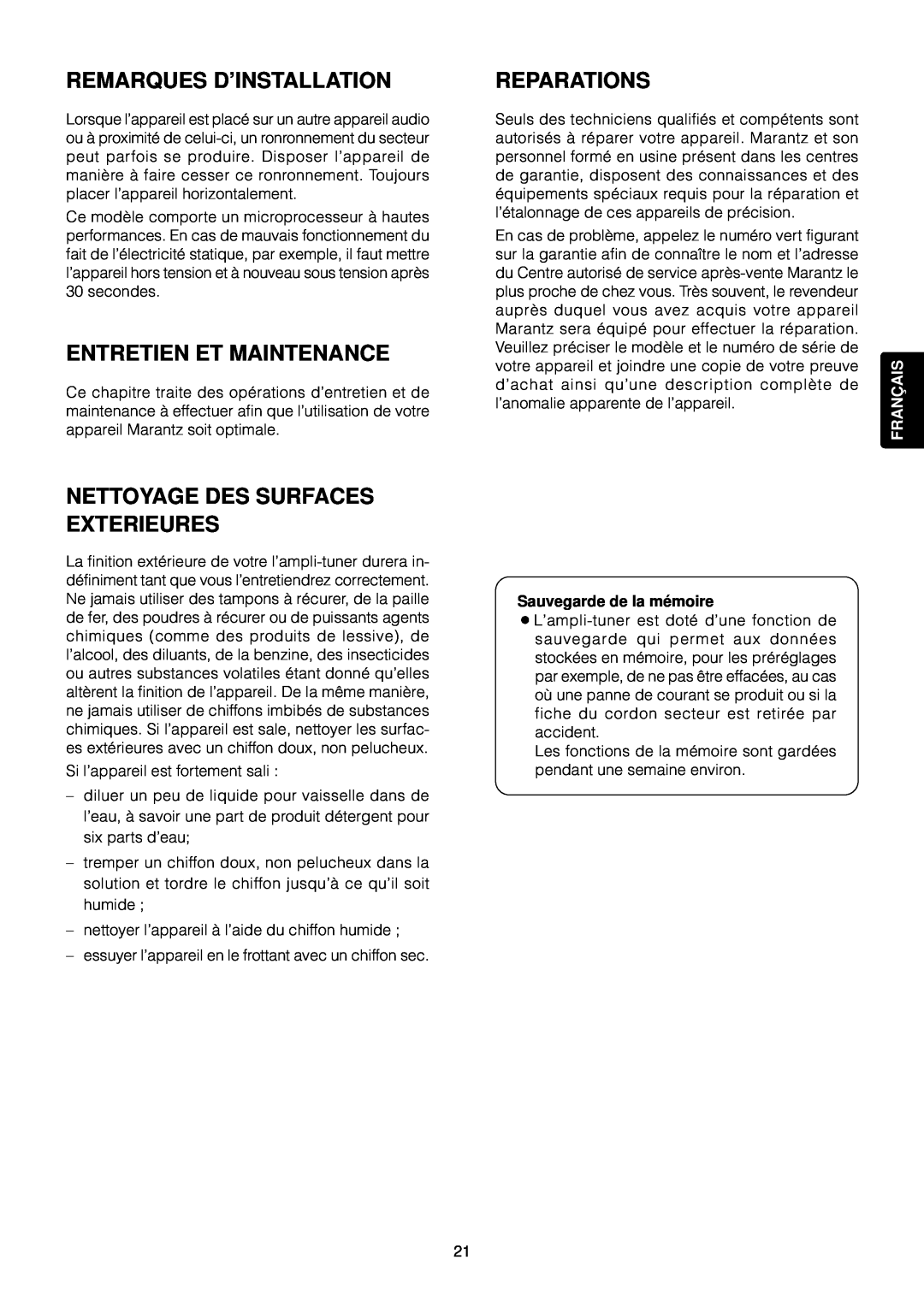 Marantz SR4120 manual Remarques D’Installation, Entretien Et Maintenance, Reparations, Nettoyage Des Surfaces Exterieures 
