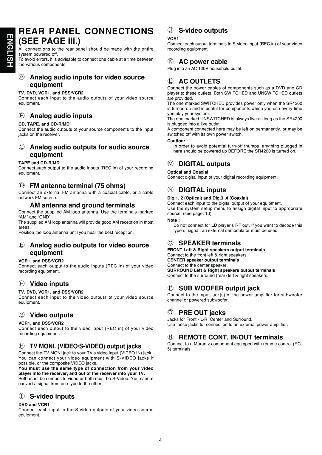Marantz SR4200 manual AC Outlets 