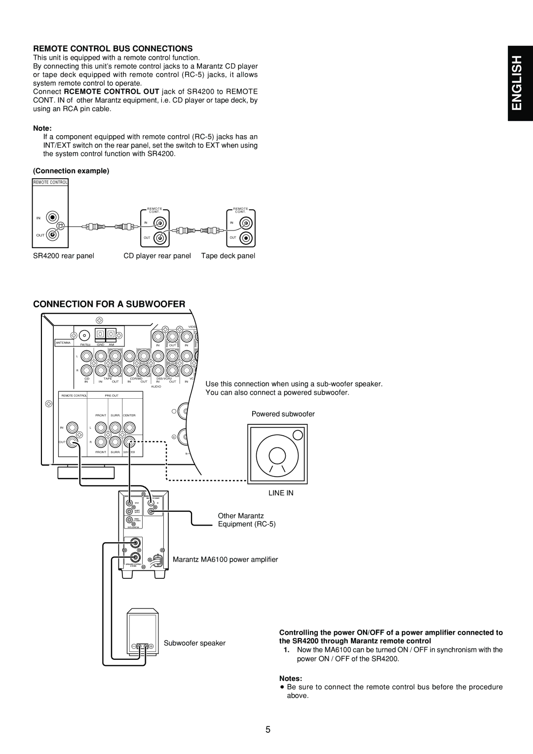 Marantz SR4200 manual Connection for a Subwoofer, Remote Control BUS Connections, Connection example 