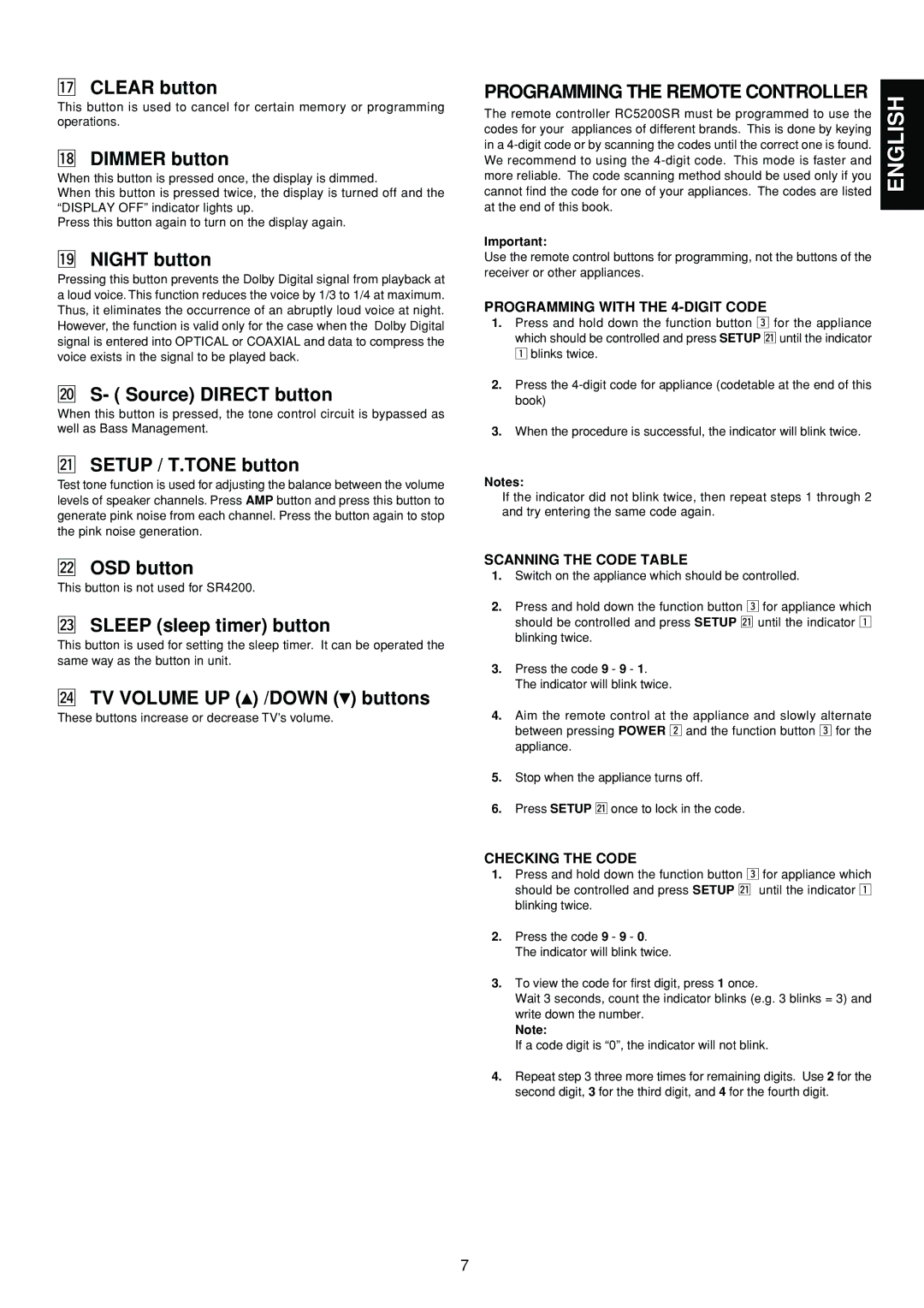 Marantz SR4200 manual Programming with the 4-DIGIT Code, Scanning the Code Table, Checking the Code 