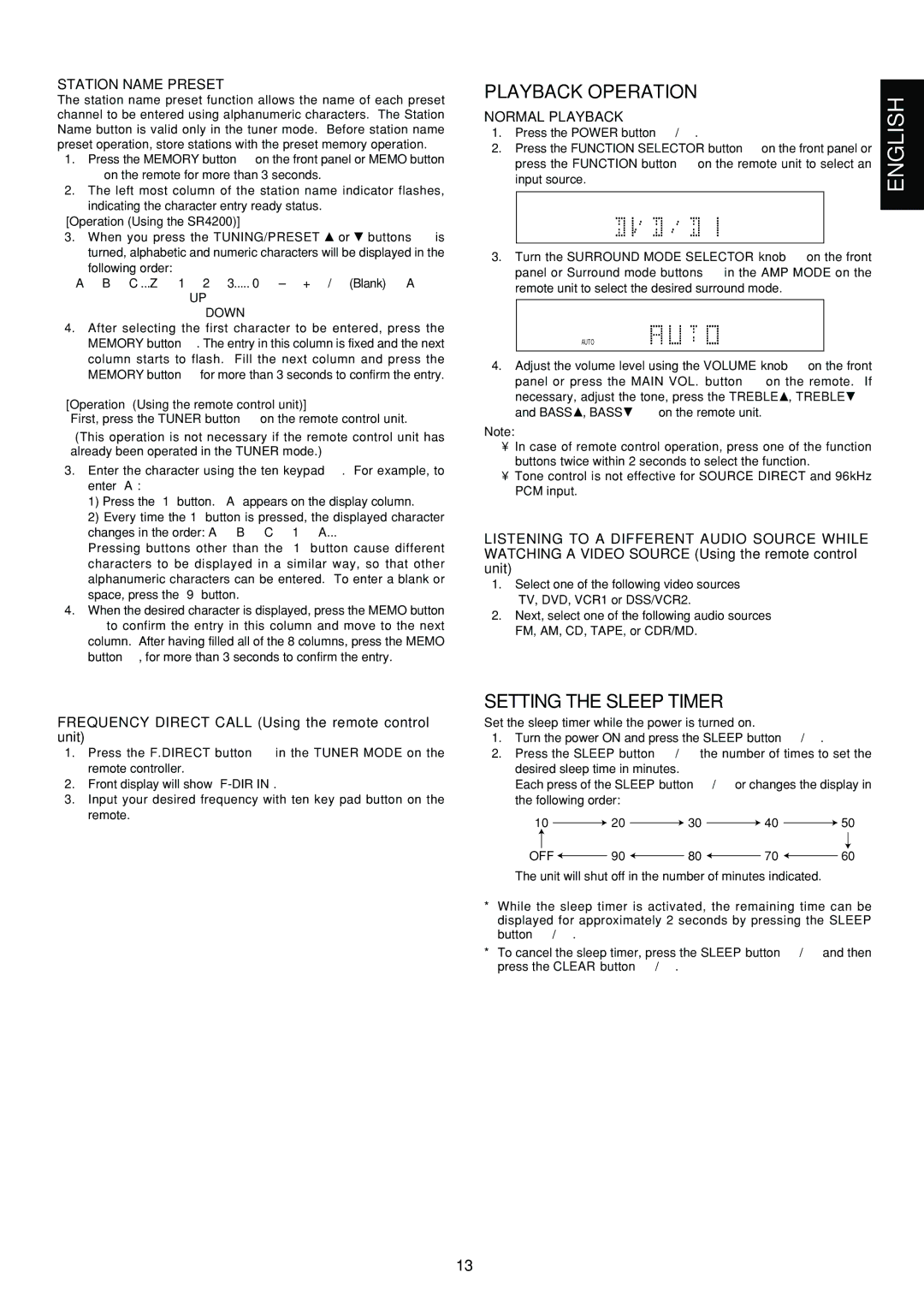 Marantz SR4200 manual Playback Operation, Setting the Sleep Timer, Station Name Preset, Normal Playback 