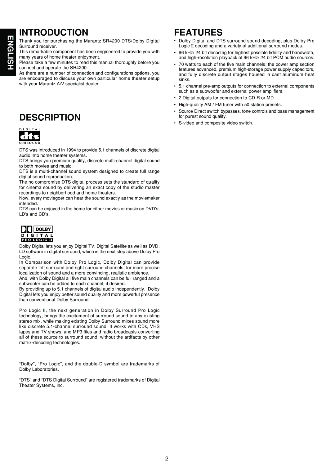 Marantz SR4200 manual Introduction, Description, Features 