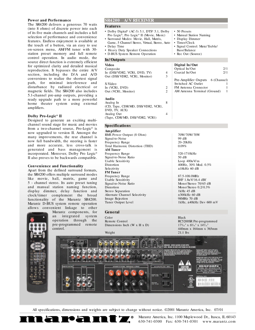 Marantz SR4200 manual Features, In/Outputs, Specifications, General 