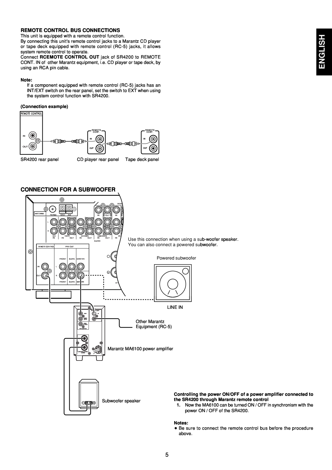 Marantz SR4200 manual English, Remote Control Bus Connections, Connection example, Subwoofer speaker 