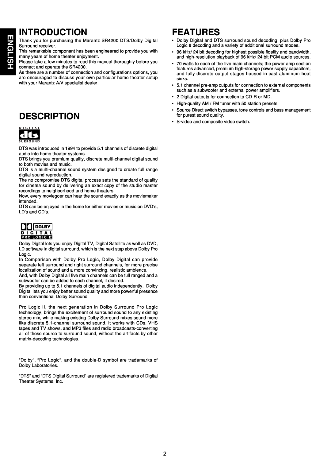 Marantz SR4200 manual Introduction, Description, Features 