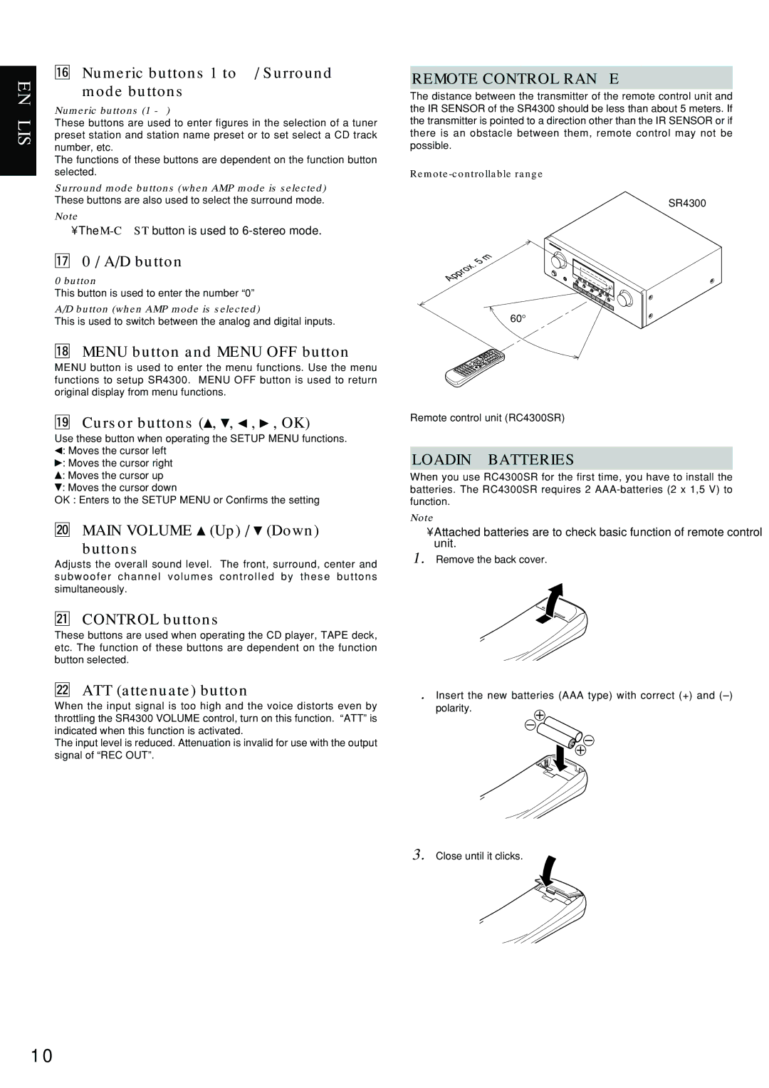 Marantz SR4300 manual Remote Control Range, Loading Batteries 