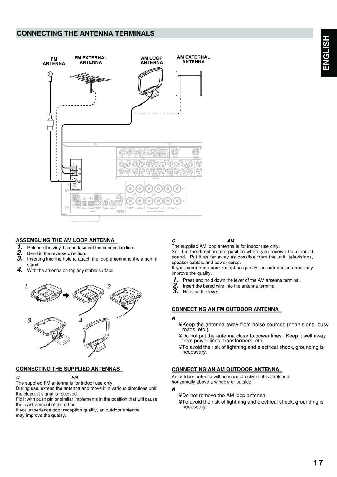 Marantz SR4300 manual Connecting the Antenna Terminals, Assembling the AM Loop Antenna, Connecting the Supplied Antennas 