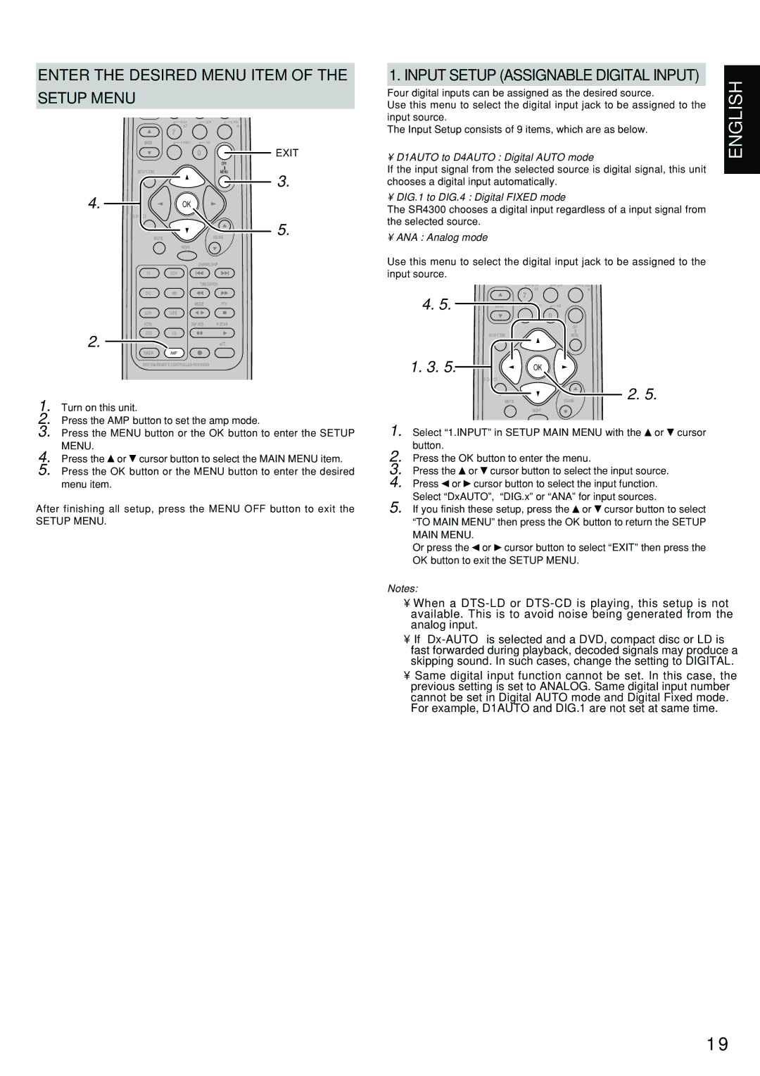 Marantz SR4300 manual Enter the Desired Menu Item Setup Menu, D1AUTO to D4AUTO Digital Auto mode, ANA Analog mode 